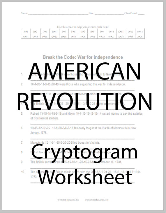 The American War for Independence: Code Puzzle - Worksheet is free to print (PDF file).