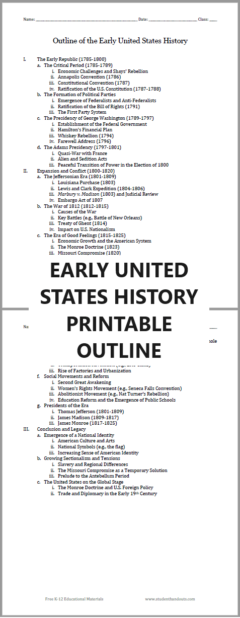 Early United States Printable Outline - Free to print (PDF file). Two versions, one with space for student note-taking.