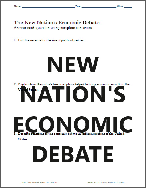 New Nation's Economic Debate Essay Questions - Free to print (PDF file) for high school United States History students.