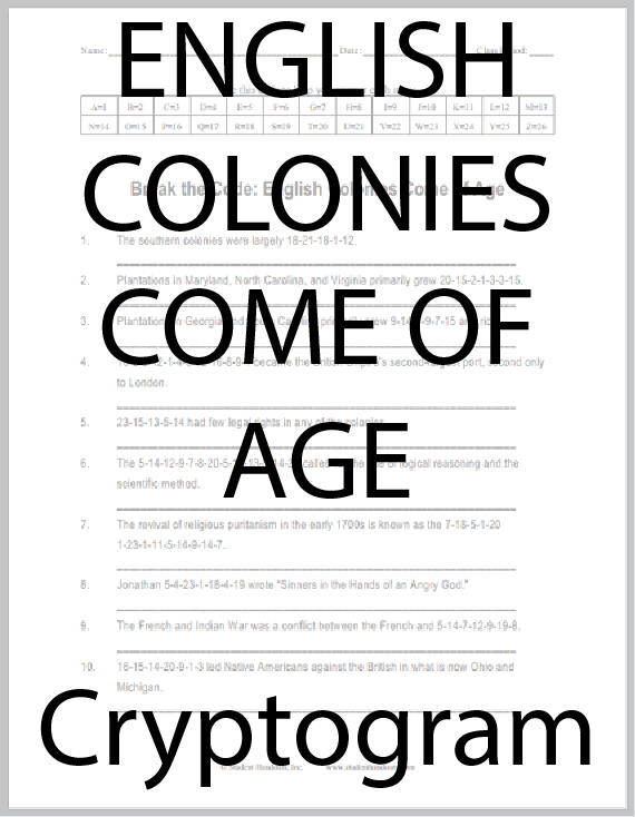 English Colonies Come of Age - Free printable code puzzle worksheet for U.S. History (PDF file).
