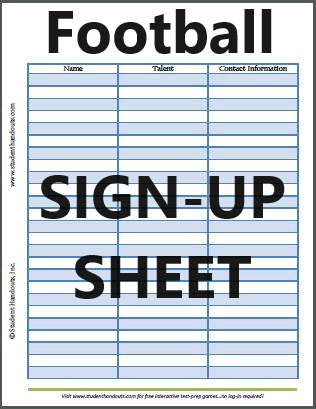 Football Sign-up Sheet - Free to print (PDF file).