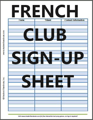 French Club Sign-up Sheet - Free to print (PDF file).