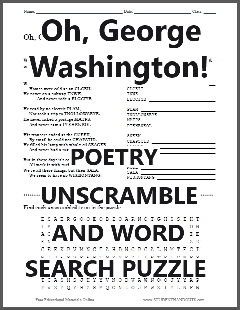 George Washington Poetry Scrambled Word Worksheet - Free to print (PDF file). Designed for upper elementary students.