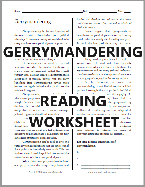 Gerrymandering Reading Worksheet - Free to print (PDF file) for Civics and American Government classes.