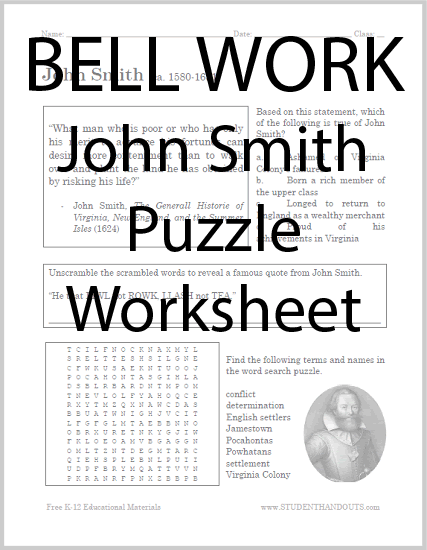 John Smith Bellwork Worksheet - Free to print (PDF file) for United States History students.