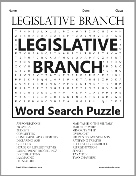 Legislative Branch Word Search Puzzle - Worksheet is free to print (PDF file) for Civics and American Government classes.