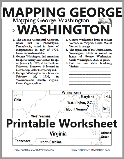 George Washington Map Worksheet - Free to print (PDF file) for grades 4-6.