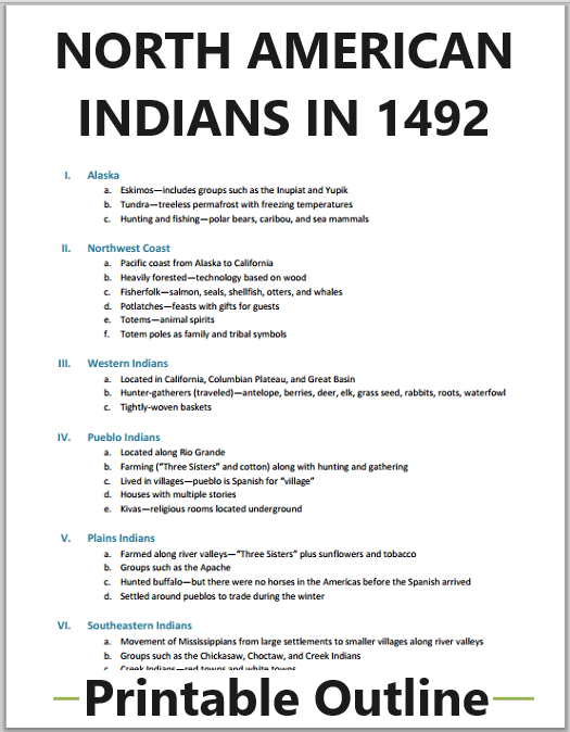 Native North American Indians, 1492 - Free printable history outline (PDF file) for American History classes.