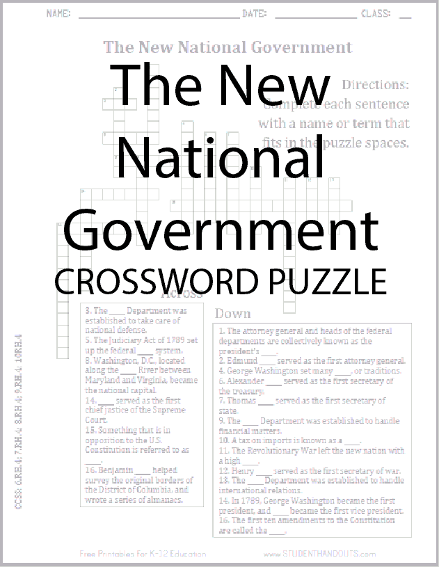 New National Government Crossword Puzzle - Free to print (PDF files).