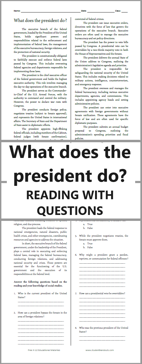What does the president do? Reading with Questions - Free to print (PDF file) for Civics and American Government classes.