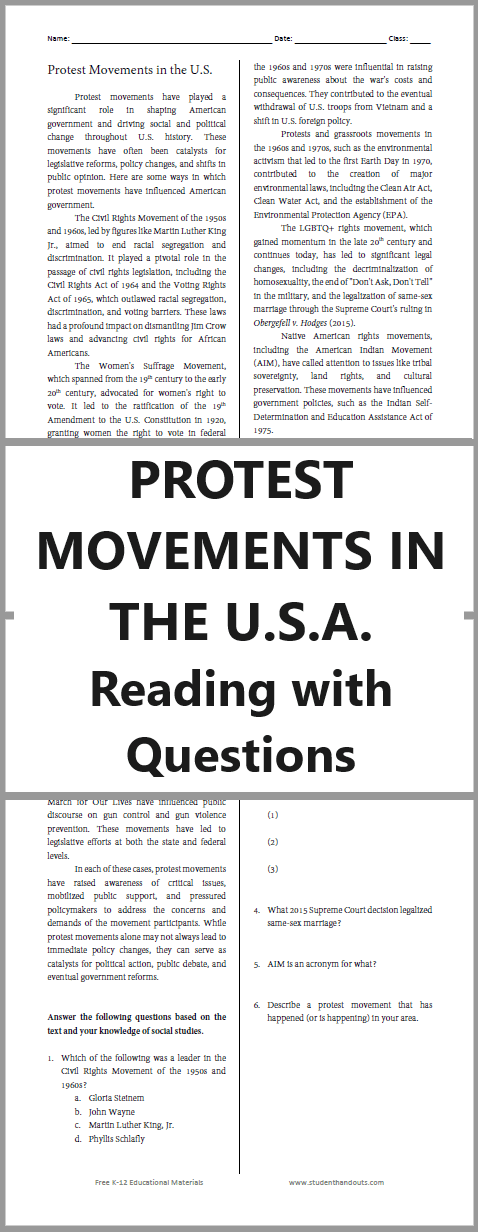 Protest Movements Reading with Questions - Worksheet is free to print (PDF file). For Civics and American Government classes.