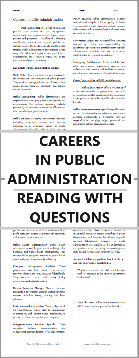 Careers in Public Administration Reading with Questions - Free to print (PDF file) for Civics and American Government students.