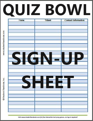 Free Printable Quiz Bowl Sign-up Sheet
