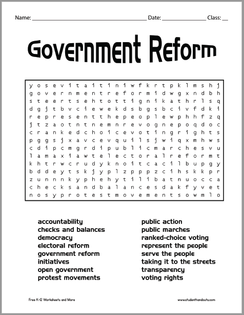 Government Reform Word Search Puzzle - Free to print (PDF file) for Civics and American Government classes.
