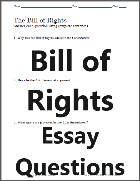 Bill of Rights Essay Questions - Free to print (PDF file). Designed for high school United States History students.