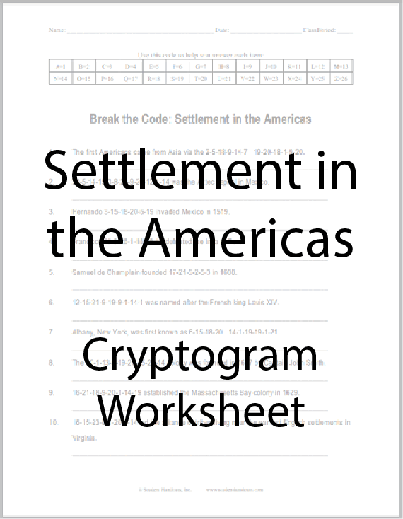 Settlement in the Americas - Free Printable Decipher the Code Puzzle Worksheet for U.S. History