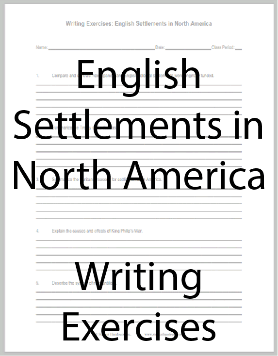 English Settlements in North America Writing Exercises - Free to print (PDF file) for high school United States History students.