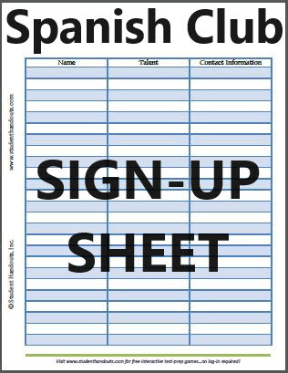 Spanish Club Sign-up Sheet - Free to print (PDF file).
