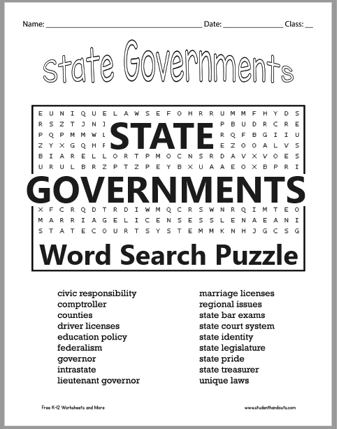 State Governments Word Search Puzzle - Free to print (PDF file) for Civics and American Government classes.