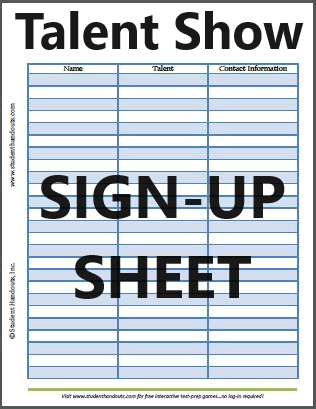 Talent Show Sign-up Sheet - Free to print (PDF file).