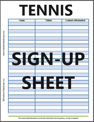 Printable Tennis Sign-up Sheet - Free to print (PDF file).