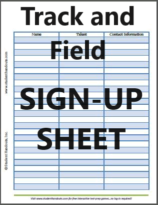 Track and Field Sign-up Sheet - Free to print (PDF file). 