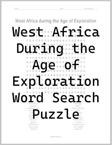 West Africa During the Age of Exploration Word Search Puzzle - Free to print (PDF file).