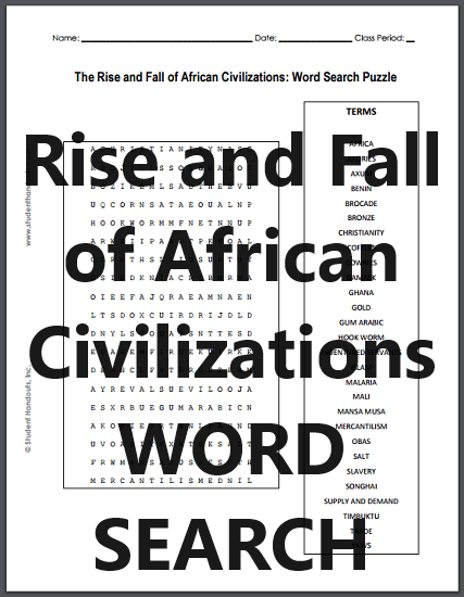 Rise and Fall of African Civilizations - Free printable word search puzzle (PDF file).