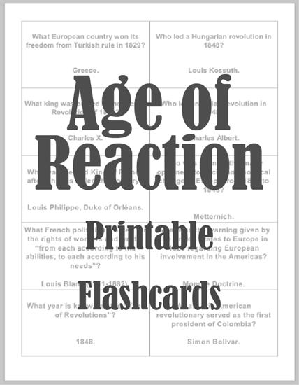 Age of Reaction Printable Flashcards - For high school World History students. Free to print (PDF files).