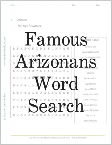 Famous Arizonans Word Search Puzzle - Free to print (PDF file).