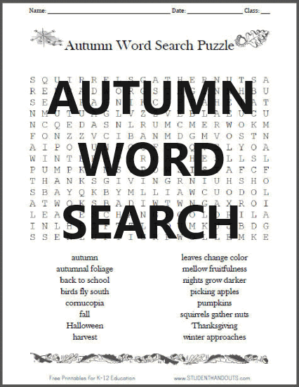 Free Autumn/Fall Word Search Puzzle Worksheet - Free to print (PDF file).