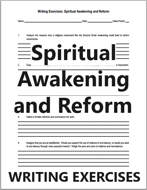 Spiritual Awakening and Reform Essay Questions - Free to print (PDF file) for high school United States History students.