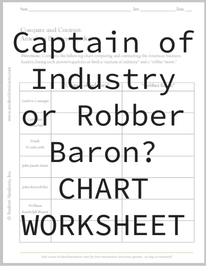 "American Business Leaders - Robber Baron" or "Captain of Industry" Table Graph Worksheet for high school U.S. History - Free to print (PDF file).