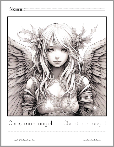 Christmas Angel Coloring Page - Features handwriting practice. Two versions, print manuscript and cursive script.
