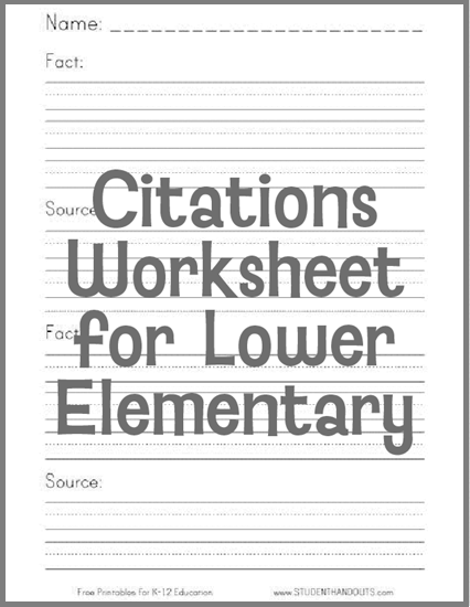 Citations Worksheet for Kids - Free to print (PDF file). Students learn to cite their sources by jotting down facts and where the information was acquired.