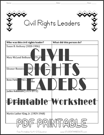 Civil Rights Leaders Table Graph/Chart Worksheet for Grade 2 CCSS Social Studies