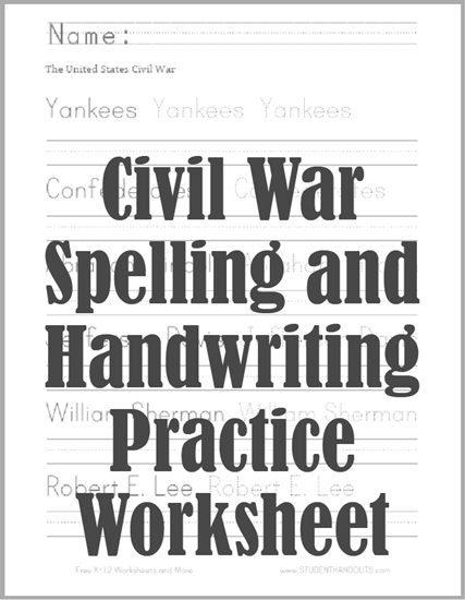 Civil War Spelling and Writing Worksheet - Free to print (PDF file). For lower elementary students.