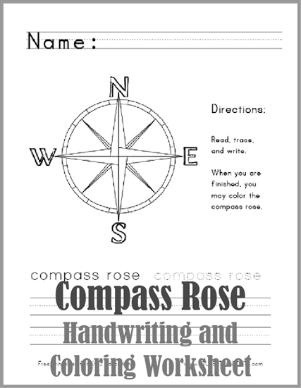 Compass Rose Handwriting Worksheet for Lower Elementary Social Studies