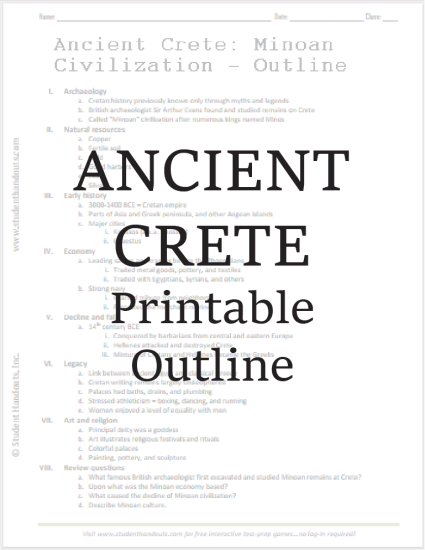 Ancient Crete: Minoan Civilization - Outline - Free to print (PDF file). For high school World History students.