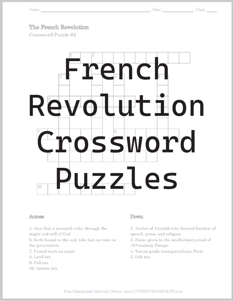 French Revolution Crossword Puzzles - Free to print (PDF files) for high school European History or World History students.