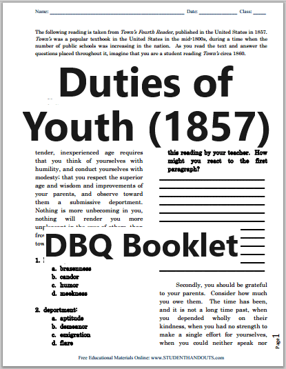 Duties of Youth (1857), DBQ - Primary source reading with questions is free to print (PDF file).