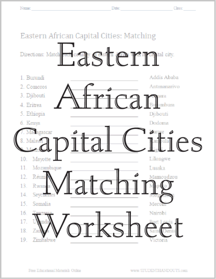 East Africa Capitals Matching Worksheet - Free to print (PDF file).