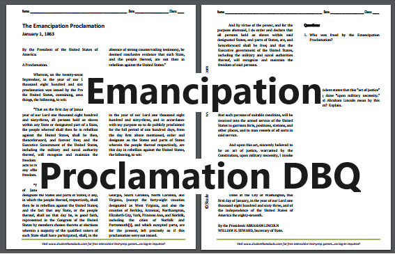 Emancipation Proclamation DBQ Worksheet - Free to print. For high school United States History students.