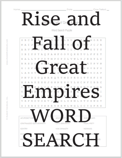 The Rise and Fall of Great Empires - Free printable word search puzzle (PDF file).