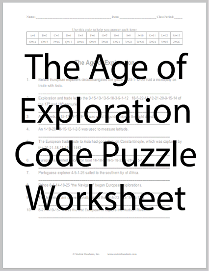 The Age of Exploration Code Puzzle Worksheet - Free to print (PDF file).