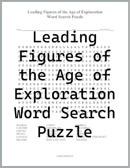 Leading Figures of the Age of Exploration Word Search Puzzle - Free to print (PDF file).