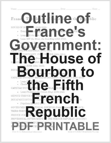 Outline of France's Government: The House of Bourbon to the Fifth French Republic - Free printable outline (PDF file).
