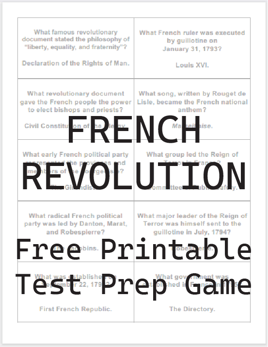 French Revolution Flashcards - Free to print (PDF files) for high school World History or European History students.
