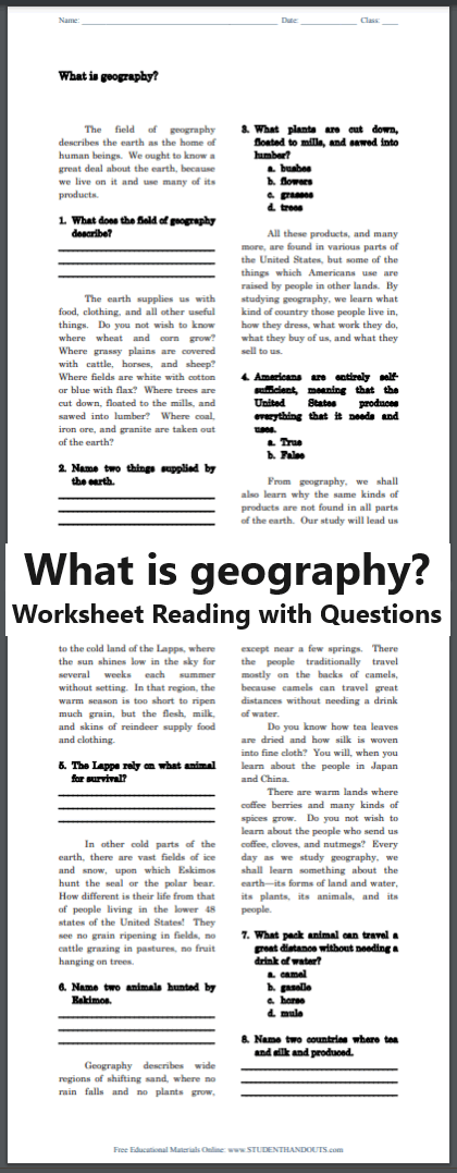 What Is Geography? Free Printable Worksheet (PDF File)