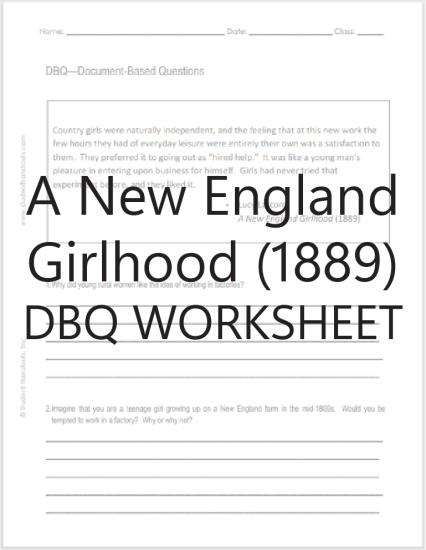 A New England Girlhood (1889) - Industrial Revolution Printable DBQ Worksheet for Students of American History